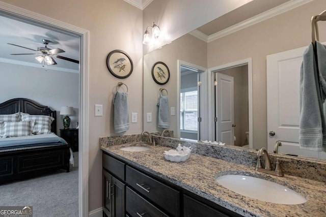 2424 Princeton Bend Way, Bogart, GA 30622 - full bathroom featuring crown molding, double vanity, ensuite bath, and ceiling fan