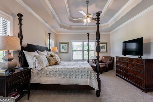2424 Princeton Bend Way, Bogart, GA 30622 - bedroom featuring light colored carpet, crown molding, a raised ceiling, and ceiling fan