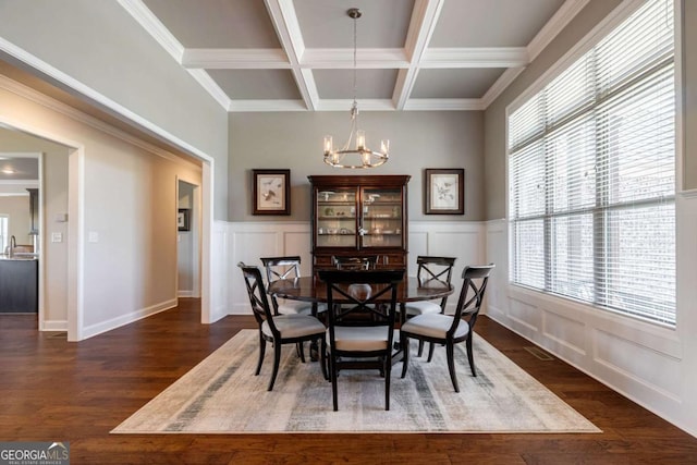 2424 Princeton Bend Way, Bogart, GA 30622 - dining room with a chandelier, coffered ceiling, beam ceiling, dark wood-type flooring, and a decorative wall