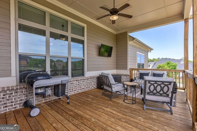 2424 Princeton Bend Way, Bogart, GA 30622 - wooden deck with an outdoor hangout area, ceiling fan, and a grill