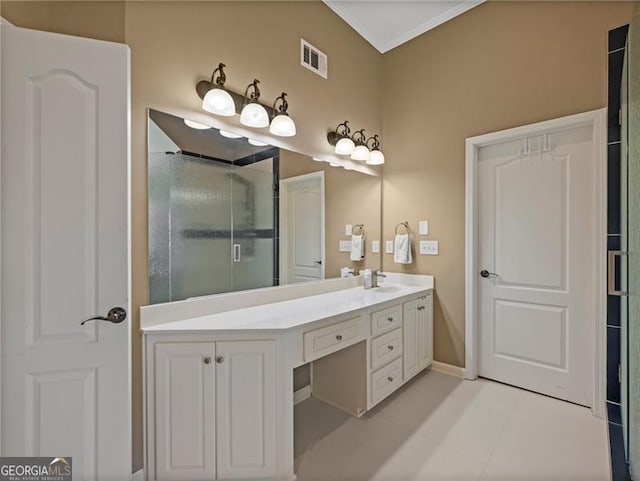 bathroom featuring tile patterned flooring, visible vents, vanity, crown molding, and a stall shower