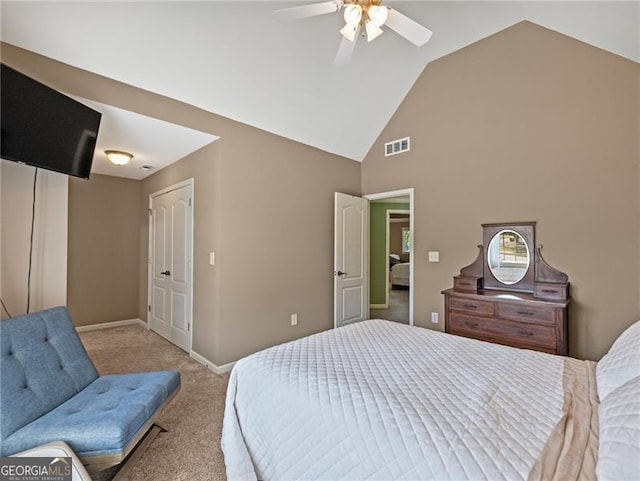 bedroom featuring high vaulted ceiling, a ceiling fan, carpet floors, baseboards, and visible vents