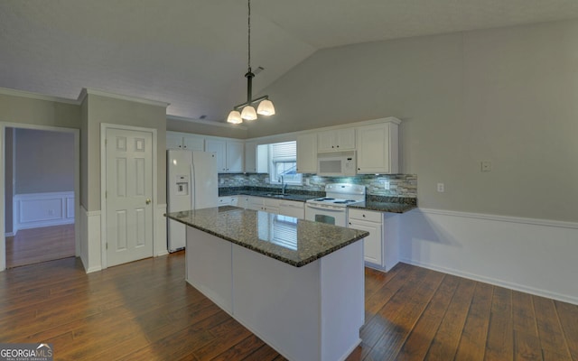 2800 Araglin Dr, Dacula, GA 30019 - kitchen featuring white cabinetry, decorative backsplash, a sink, and white appliances