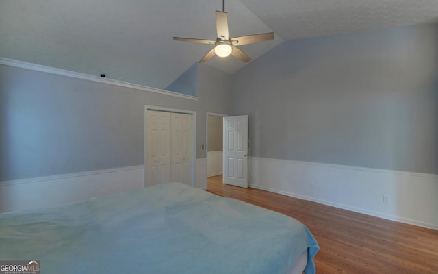 2800 Araglin Dr, Dacula, GA 30019 - bedroom with a ceiling fan, wood finished floors, high vaulted ceiling, and a closet