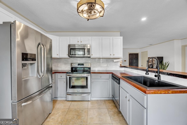 kitchen featuring a sink, decorative backsplash, stainless steel appliances, white cabinets, and a peninsula