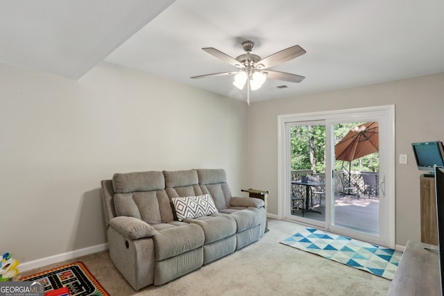 1649 Clairmont Way NE, Brookhaven, GA 30329 - living area with carpet, visible vents, baseboards, and ceiling fan