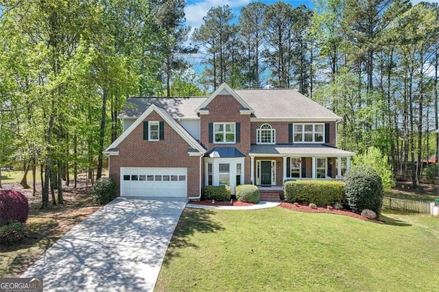view of front of property featuring concrete driveway, covered porch, brick siding, a front yard, and a garage