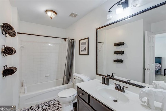 ensuite bathroom with tile patterned floors, vanity, shower / bath combination with curtain, toilet, and visible vents