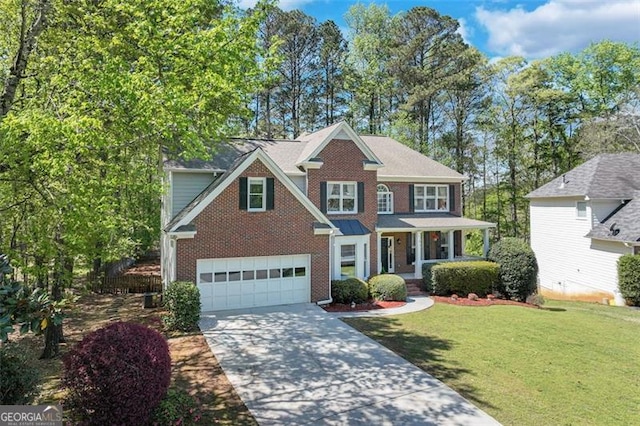 view of front of house featuring a front lawn, driveway, a porch, a garage, and brick siding