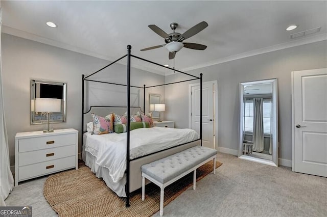 bedroom featuring baseboards, visible vents, recessed lighting, and crown molding