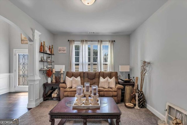 3206 Letha Woods Dr, Conyers, GA 30094 - carpeted living room with ornate columns