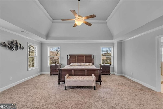3206 Letha Woods Dr, Conyers, GA 30094 - bedroom featuring multiple windows, a raised ceiling, carpet floors, lofted ceiling, and crown molding