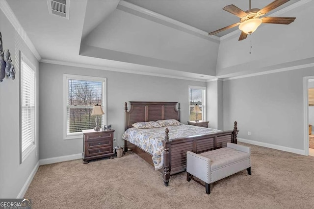 3206 Letha Woods Dr, Conyers, GA 30094 - carpeted bedroom featuring a tray ceiling, ornamental molding, and ceiling fan