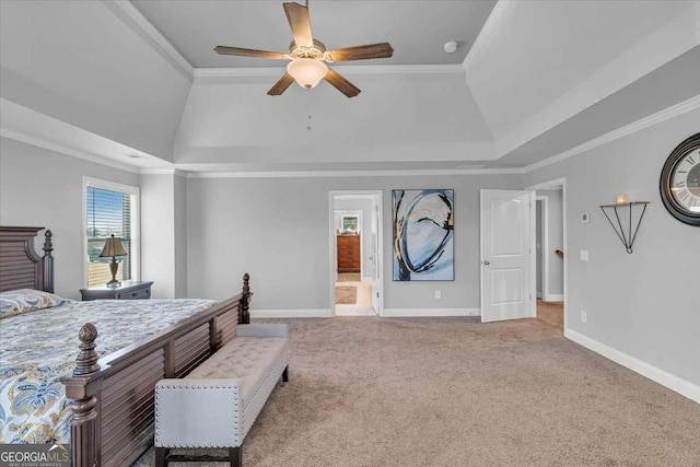 3206 Letha Woods Dr, Conyers, GA 30094 - bedroom with a tray ceiling, carpet flooring, crown molding, ensuite bath, and a ceiling fan