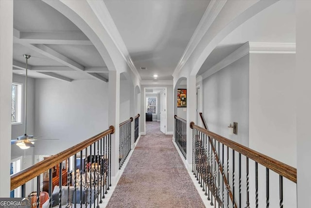 3206 Letha Woods Dr, Conyers, GA 30094 - corridor with carpet flooring, ornamental molding, beamed ceiling, and recessed lighting