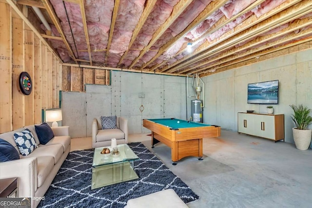 3206 Letha Woods Dr, Conyers, GA 30094 - game room featuring concrete floors, electric water heater, and billiards