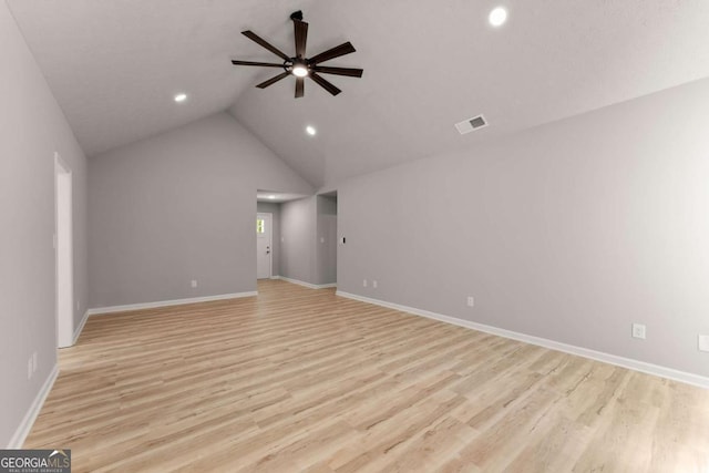 unfurnished living room with ceiling fan, light wood finished floors, baseboards, visible vents, and recessed lighting