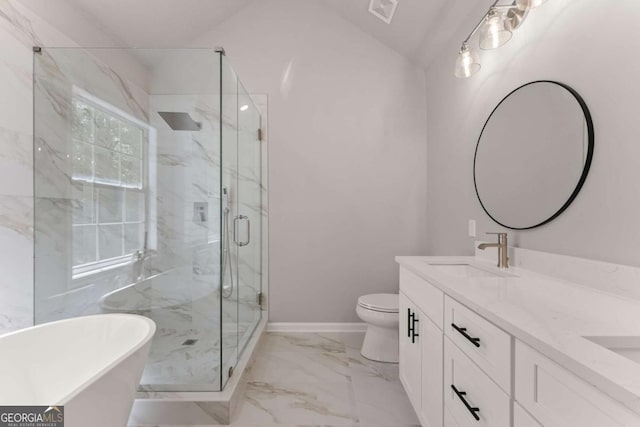 full bath featuring marble finish floor, visible vents, toilet, a marble finish shower, and a sink
