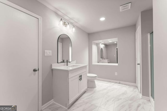 full bath featuring toilet, visible vents, recessed lighting, marble finish floor, and vanity