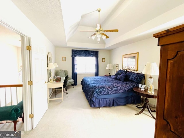 bedroom with a raised ceiling, carpet, and a ceiling fan