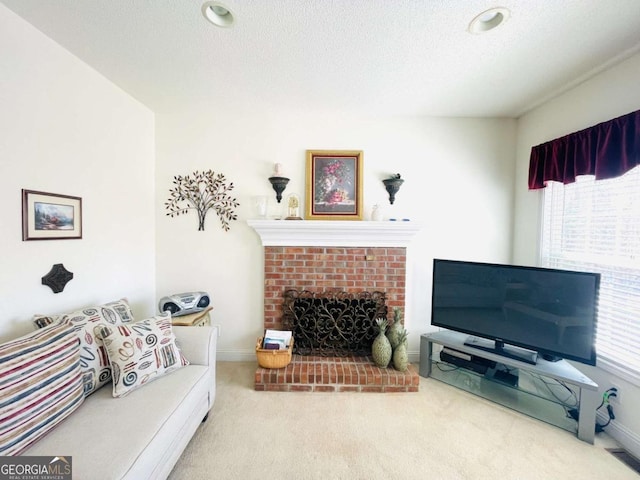 carpeted living area featuring a fireplace, plenty of natural light, and baseboards