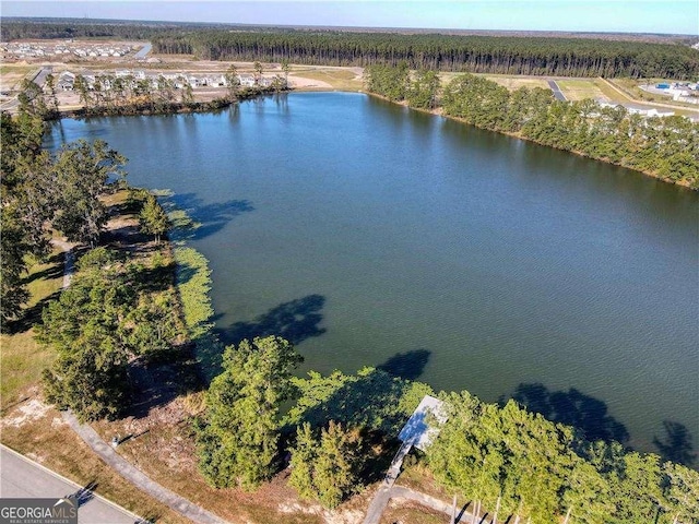 aerial view featuring a view of trees and a water view