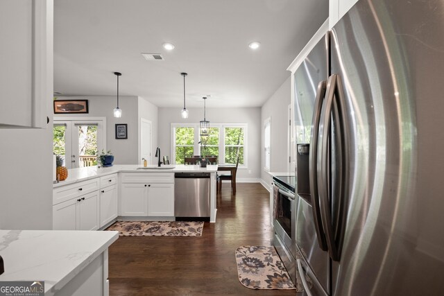 kitchen with a peninsula, a healthy amount of sunlight, stainless steel appliances, and a sink