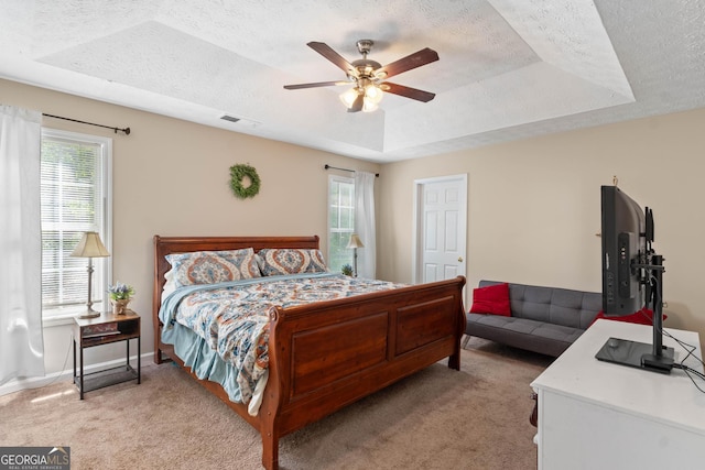1012 Miss Amber Way, Locust Grove, GA 30248 - bedroom featuring light carpet, multiple windows, a raised ceiling, and a textured ceiling