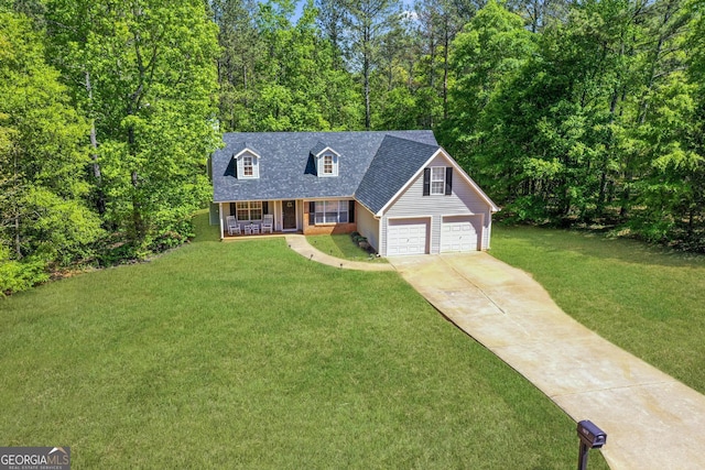 1012 Miss Amber Way, Locust Grove, GA 30248 - cape cod home with a porch, driveway, a front yard, roof with shingles, and an attached garage