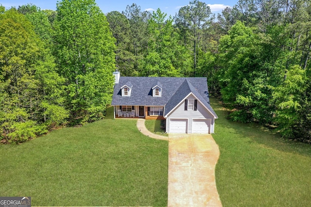 1012 Miss Amber Way, Locust Grove, GA 30248 - cape cod house featuring a porch, driveway, a front lawn, a garage, and a chimney