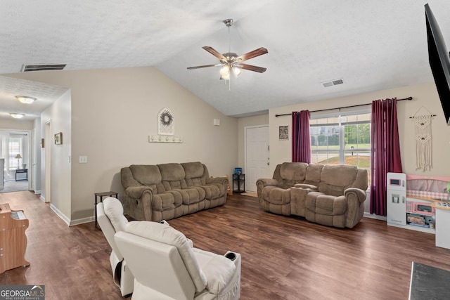 1012 Miss Amber Way, Locust Grove, GA 30248 - living room featuring a ceiling fan, lofted ceiling, wood finished floors, and a textured ceiling