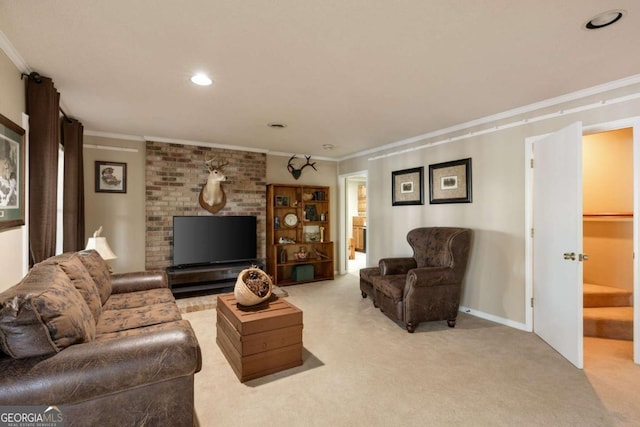 736 Cedar Ridge Rd, Hartwell, GA 30643 - living room with recessed lighting, light carpet, ornamental molding, and baseboards