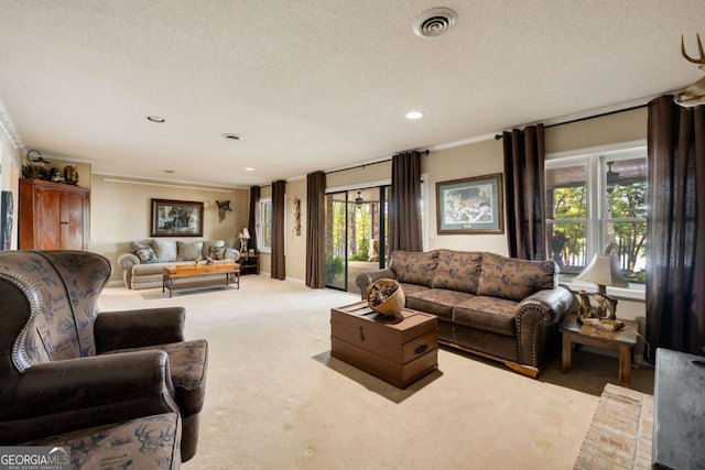 736 Cedar Ridge Rd, Hartwell, GA 30643 - carpeted living room featuring recessed lighting, a textured ceiling, crown molding, and visible vents