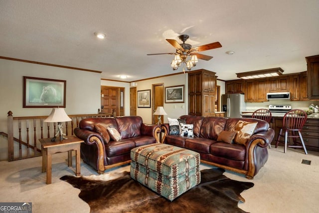 736 Cedar Ridge Rd, Hartwell, GA 30643 - living room featuring a ceiling fan, light colored carpet, and ornamental molding