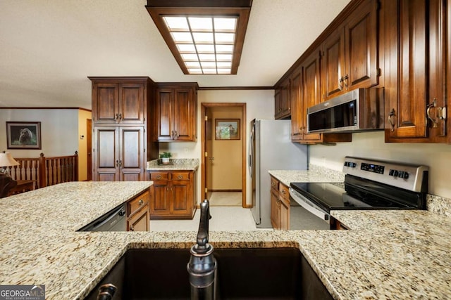 736 Cedar Ridge Rd, Hartwell, GA 30643 - kitchen featuring light stone counters, ornamental molding, stainless steel appliances, and a sink
