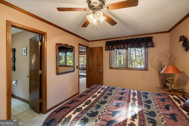 736 Cedar Ridge Rd, Hartwell, GA 30643 - bedroom with a textured ceiling, ceiling fan, and crown molding