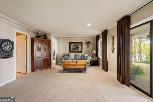 736 Cedar Ridge Rd, Hartwell, GA 30643 - living area with light carpet, baseboards, recessed lighting, and ornamental molding