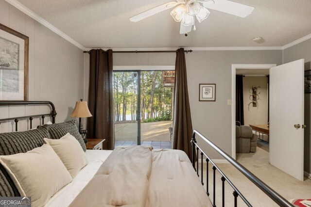 736 Cedar Ridge Rd, Hartwell, GA 30643 - carpeted bedroom featuring a textured ceiling, ceiling fan, access to exterior, and ornamental molding
