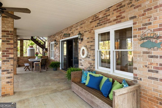 736 Cedar Ridge Rd, Hartwell, GA 30643 - view of patio featuring an outdoor living space, a ceiling fan, and stairs