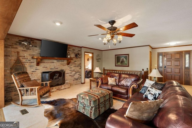 736 Cedar Ridge Rd, Hartwell, GA 30643 - living room with ornamental molding, a brick fireplace, carpet flooring, and ceiling fan