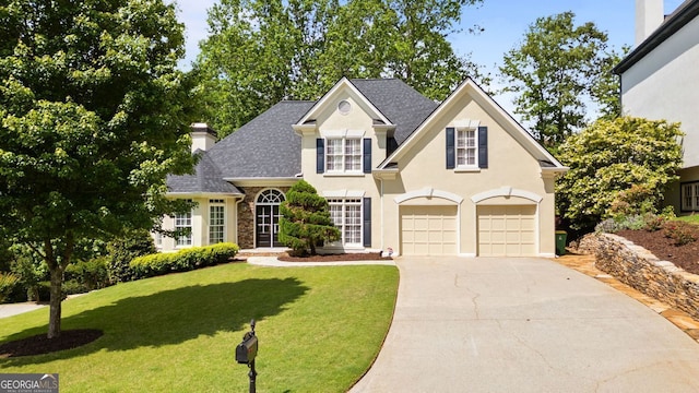 traditional-style home with an attached garage, driveway, a front yard, a chimney, and stucco siding