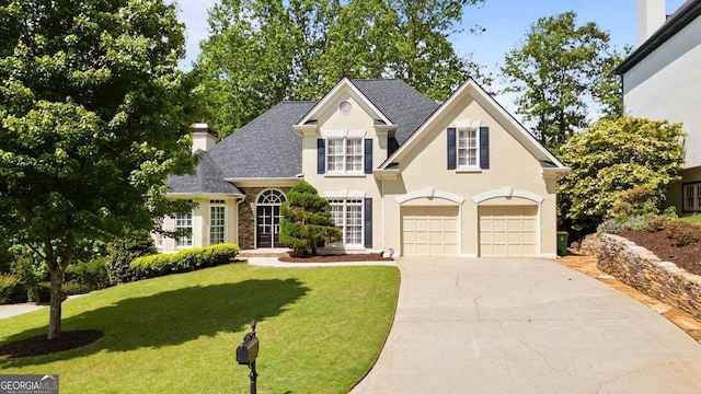 3105 Birchton St, Johns Creek, GA 30022 - traditional-style home featuring a garage, driveway, a front yard, a chimney, and stucco siding