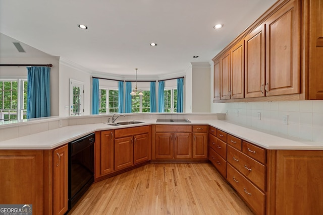 3105 Birchton St, Johns Creek, GA 30022 - kitchen with black appliances, a sink, brown cabinets, light wood finished floors, and plenty of natural light