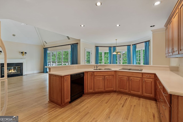 kitchen featuring black appliances, a sink, light wood finished floors, brown cabinets, and recessed lighting