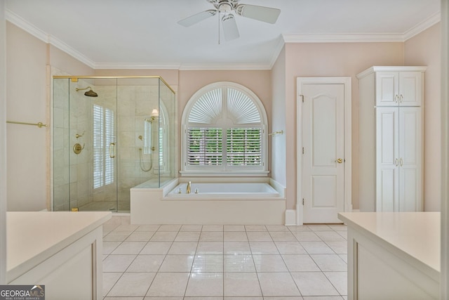 full bath with vanity, a shower stall, a garden tub, a ceiling fan, and tile patterned floors