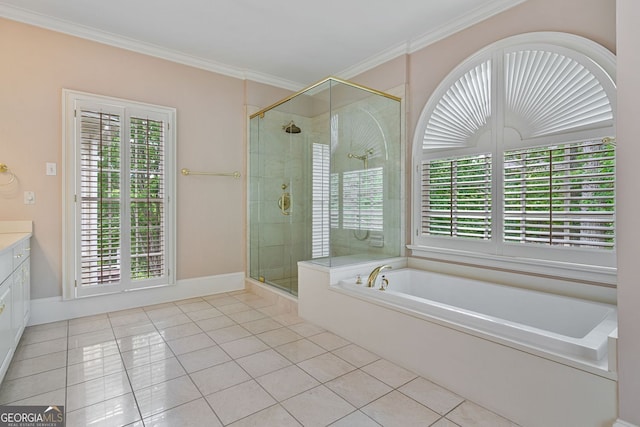 bathroom featuring tile patterned floors, plenty of natural light, a shower stall, and ornamental molding