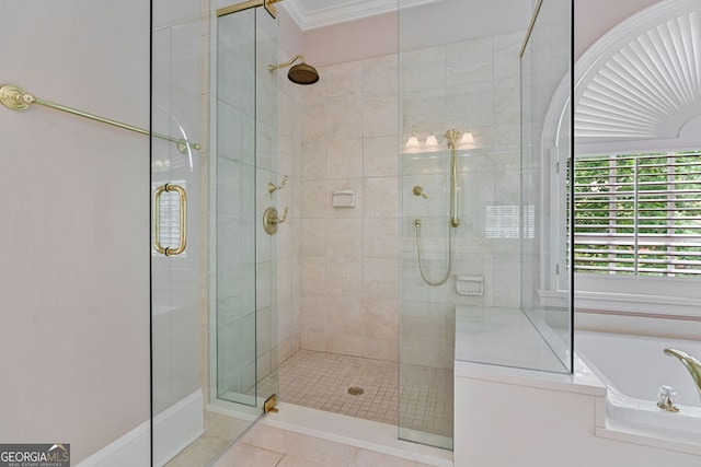 3105 Birchton St, Johns Creek, GA 30022 - full bath with a shower stall, a bath, crown molding, and tile patterned floors