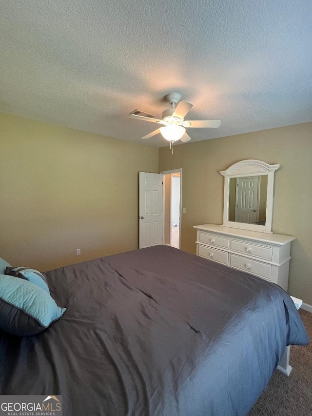1640 Hg Miles Dr NE, Townsend, GA 31331 - carpeted bedroom with visible vents, a textured ceiling, and ceiling fan