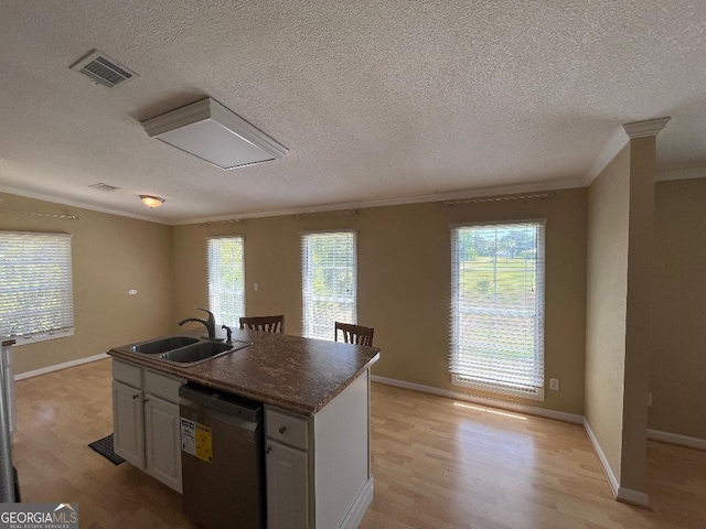 1640 Hg Miles Dr NE, Townsend, GA 31331 - kitchen featuring light wood-type flooring, visible vents, stainless steel dishwasher, and ornamental molding
