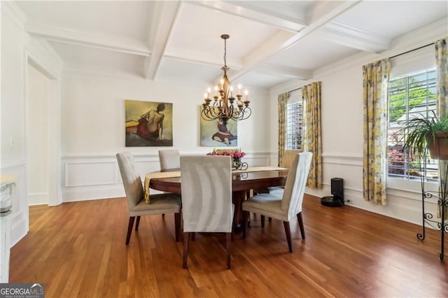 3115 Corsair Curv, Cumming, GA 30040 - dining area featuring a chandelier, coffered ceiling, wood finished floors, beamed ceiling, and a decorative wall